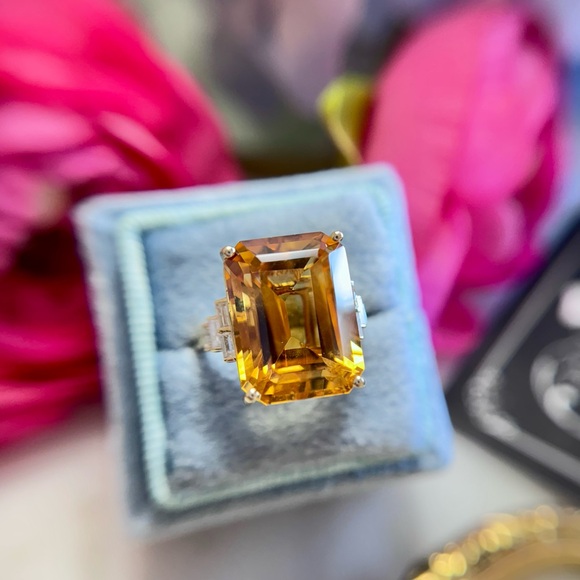 Large Citrine Emerald Cut Diamond Cocktail Ring 14k Yellow Gold - Picture 4 of 16
